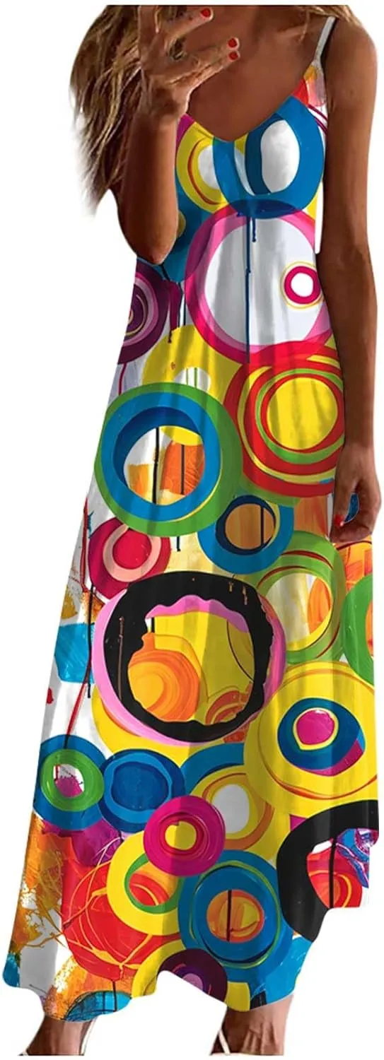 Women Floral Summer Sundresses 2025 Spaghetti Strap Maxi Dresses Spring Flower Boho Dress Boho Beach Vacation Clothes
