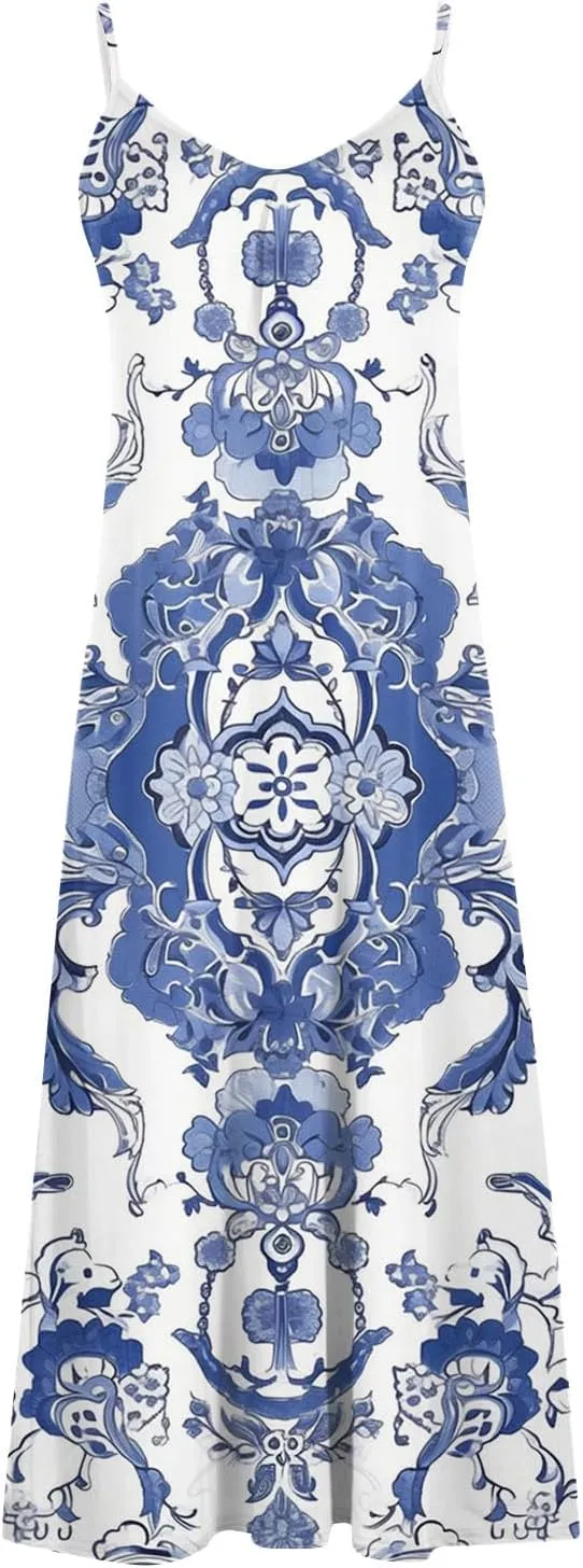 Women Floral Summer Sundresses 2025 Spaghetti Strap Maxi Dresses Spring Flower Boho Dress Boho Beach Vacation Clothes