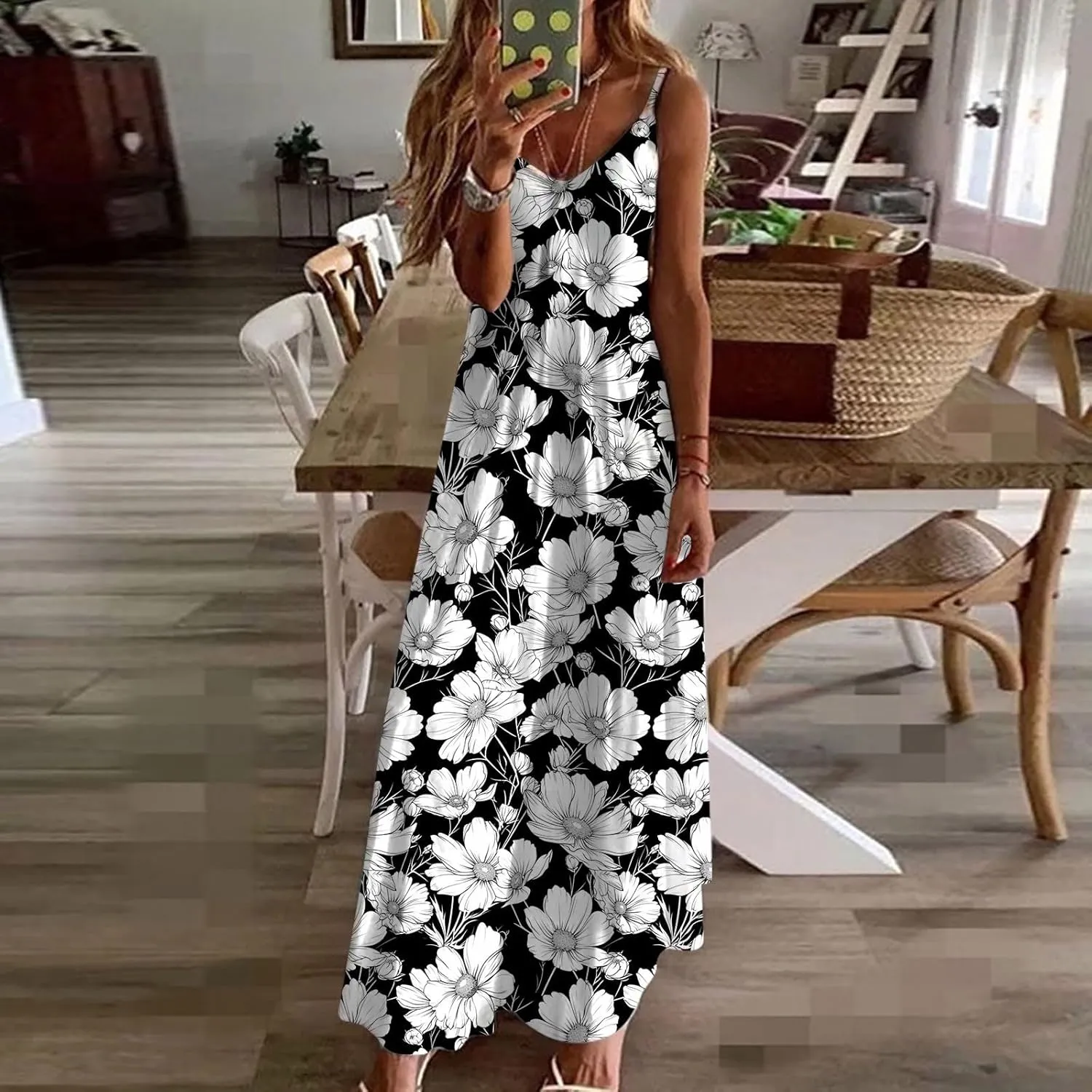 Women Floral Summer Sundresses 2025 Spaghetti Strap Maxi Dresses Spring Flower Boho Dress Boho Beach Vacation Clothes