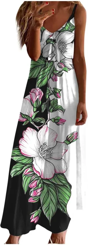 Women Floral Summer Sundresses 2025 Spaghetti Strap Maxi Dresses Spring Flower Boho Dress Boho Beach Vacation Clothes
