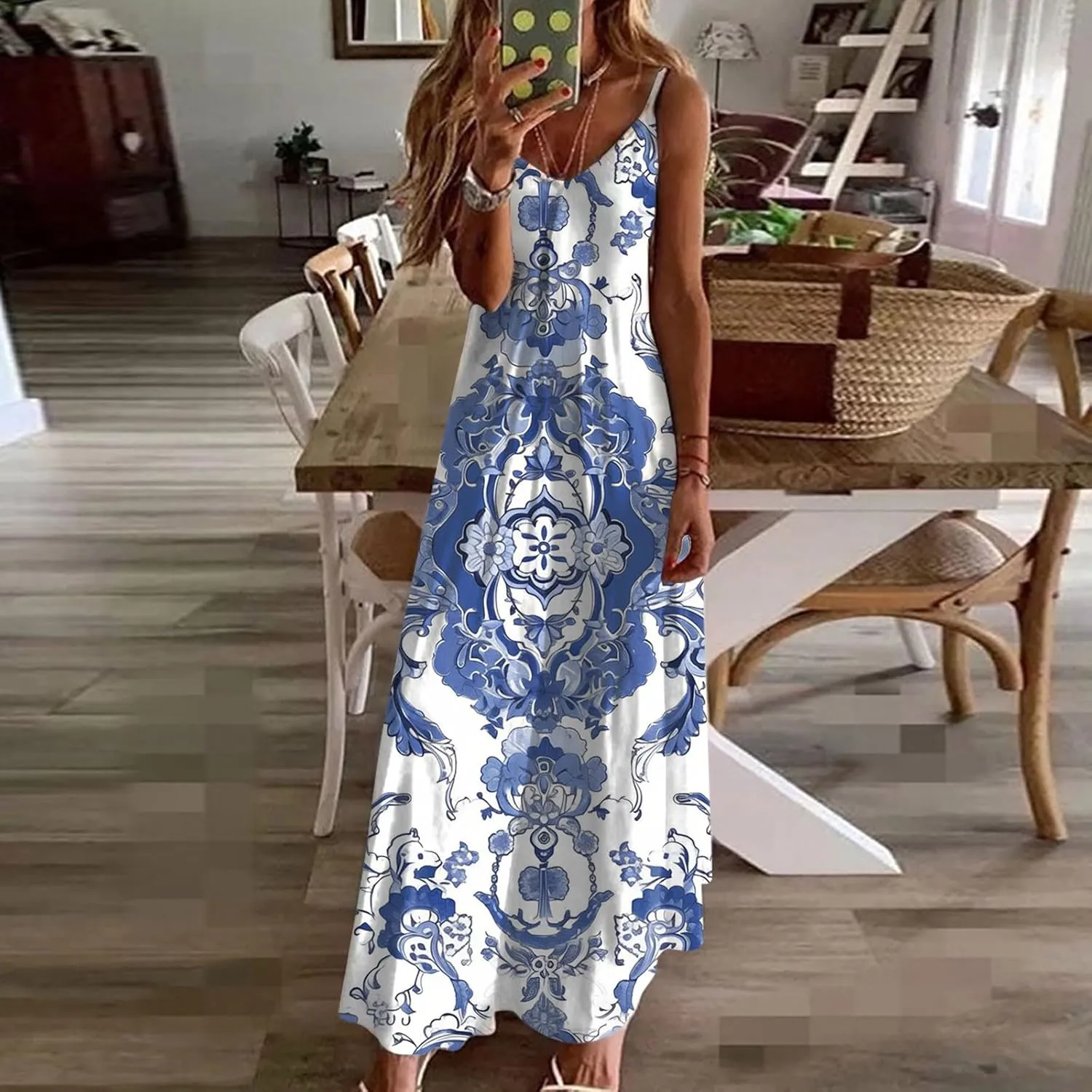 Women Floral Summer Sundresses 2025 Spaghetti Strap Maxi Dresses Spring Flower Boho Dress Boho Beach Vacation Clothes