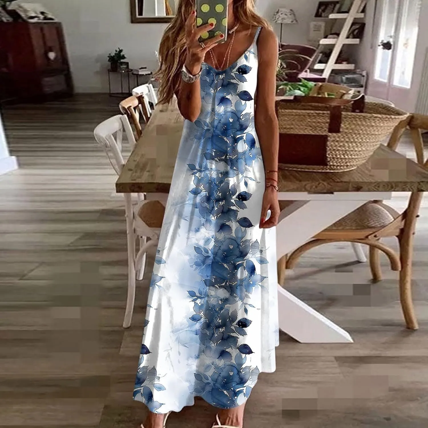 Women Floral Summer Sundresses 2025 Spaghetti Strap Maxi Dresses Spring Flower Boho Dress Boho Beach Vacation Clothes