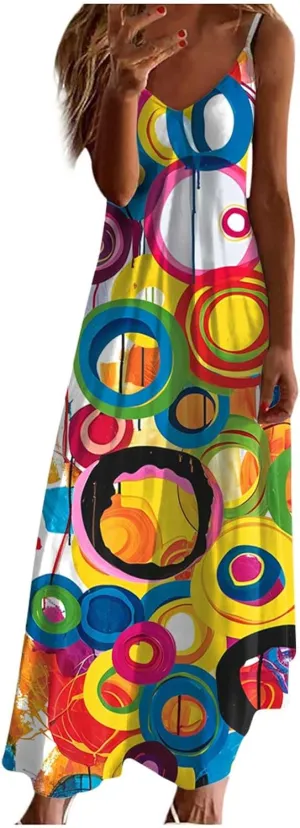 Women Floral Summer Sundresses 2025 Spaghetti Strap Maxi Dresses Spring Flower Boho Dress Boho Beach Vacation Clothes