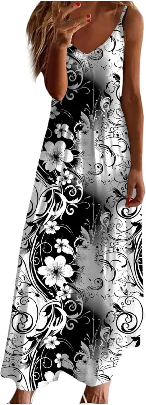 Women Floral Summer Sundresses 2025 Spaghetti Strap Maxi Dresses Spring Flower Boho Dress Boho Beach Vacation Clothes