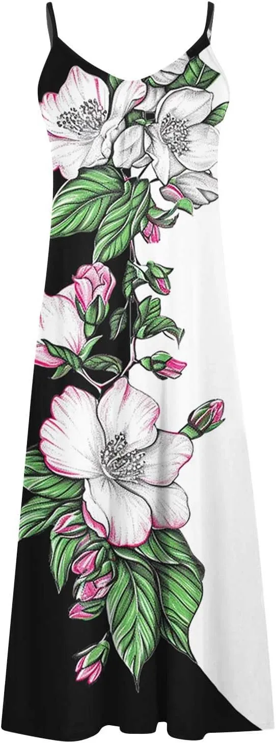 Women Floral Summer Sundresses 2025 Spaghetti Strap Maxi Dresses Spring Flower Boho Dress Boho Beach Vacation Clothes