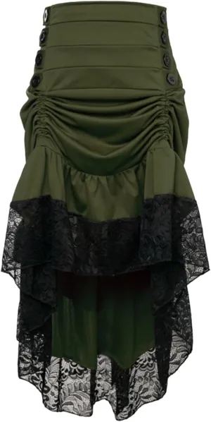 Women Gothic Punk Midi Skirts High Waist A-Line Long Skirt Irregular Hem Vintage Victorian Steampunk Ruched Skirt