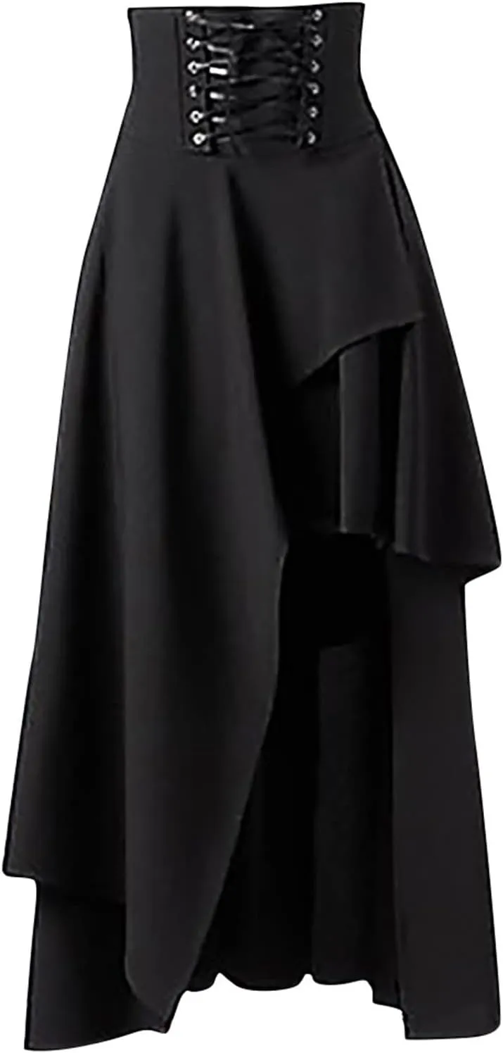 Women Gothic Punk Midi Skirts High Waist A-Line Long Skirt Irregular Hem Vintage Victorian Steampunk Ruched Skirt