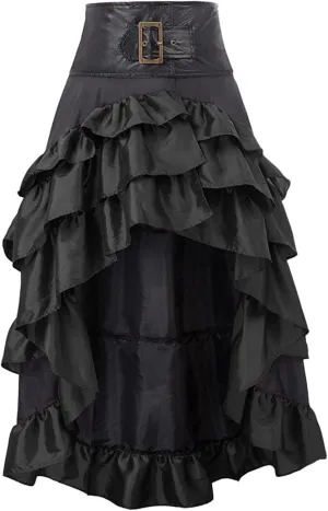 Women Gothic Punk Midi Skirts High Waist A-Line Long Skirt Irregular Hem Vintage Victorian Steampunk Ruched Skirt