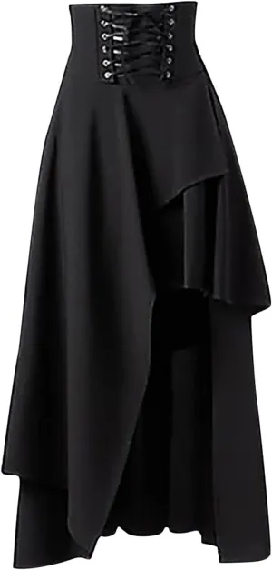 Women Gothic Punk Midi Skirts High Waist A-Line Long Skirt Irregular Hem Vintage Victorian Steampunk Ruched Skirt