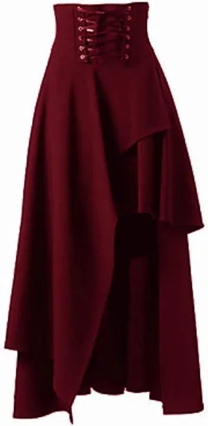 Women Gothic Punk Midi Skirts High Waist A-Line Long Skirt Irregular Hem Vintage Victorian Steampunk Ruched Skirt