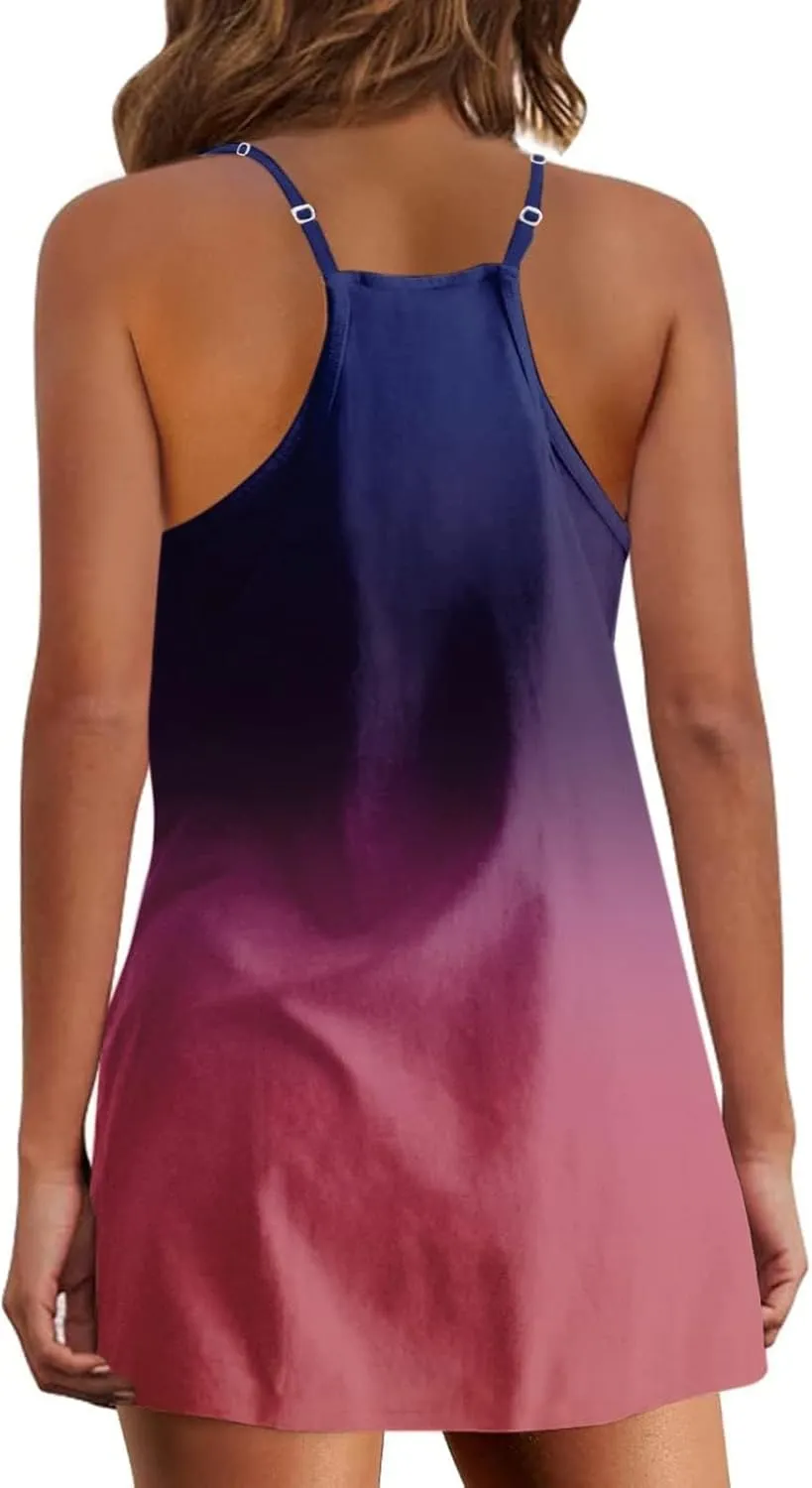 Women Gradient Color Dresses Crew Neck Sleeveless Casual Summer Midi Dress Plus Size Elastic Sundress