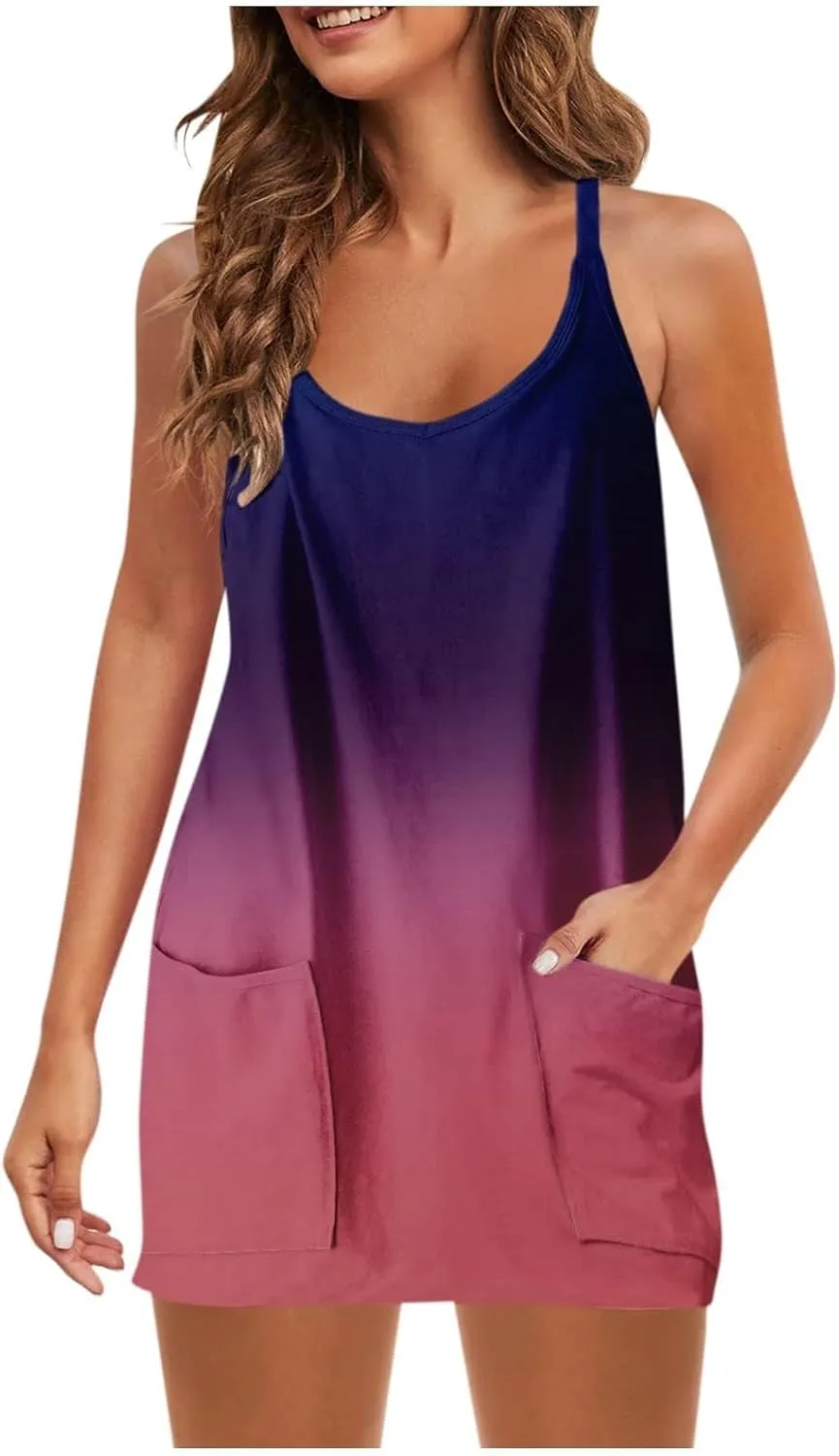 Women Gradient Color Dresses Crew Neck Sleeveless Casual Summer Midi Dress Plus Size Elastic Sundress