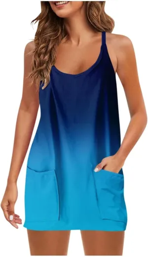 Women Gradient Color Dresses Crew Neck Sleeveless Casual Summer Midi Dress Plus Size Elastic Sundress