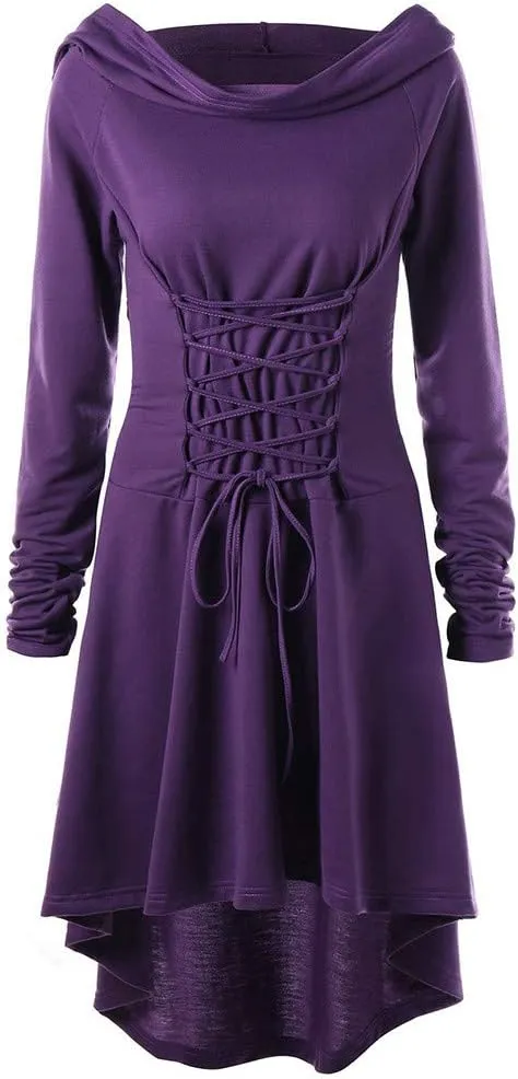 Women Hoodie Dresses High Low Long Sleeve Cloak Dress Plus Size Halloween Costumes Solid Hooded Vintage Cape Coat