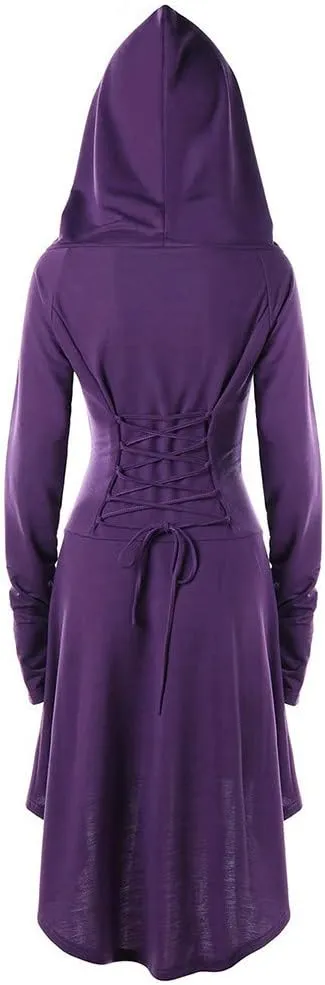 Women Hoodie Dresses High Low Long Sleeve Cloak Dress Plus Size Halloween Costumes Solid Hooded Vintage Cape Coat