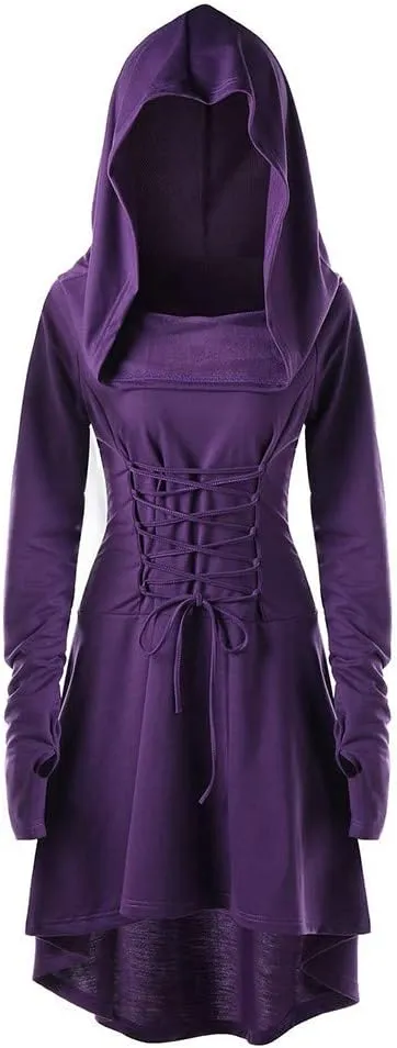 Women Hoodie Dresses High Low Long Sleeve Cloak Dress Plus Size Halloween Costumes Solid Hooded Vintage Cape Coat