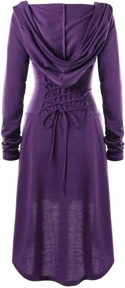 Women Hoodie Dresses High Low Long Sleeve Cloak Dress Plus Size Halloween Costumes Solid Hooded Vintage Cape Coat