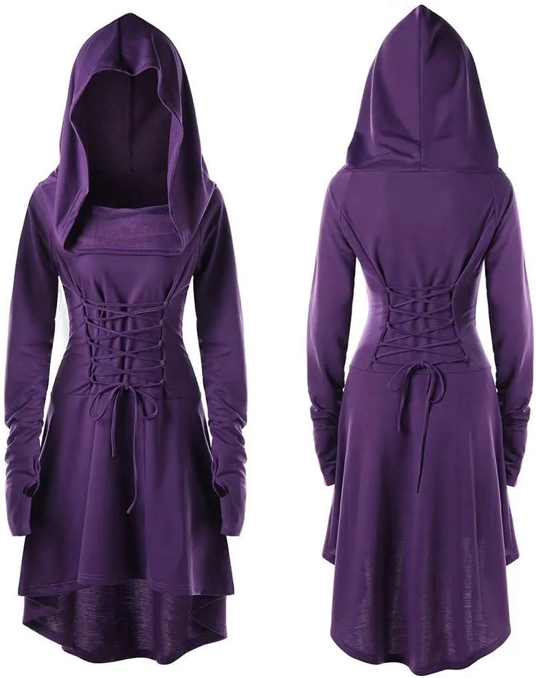 Women Hoodie Dresses High Low Long Sleeve Cloak Dress Plus Size Halloween Costumes Solid Hooded Vintage Cape Coat