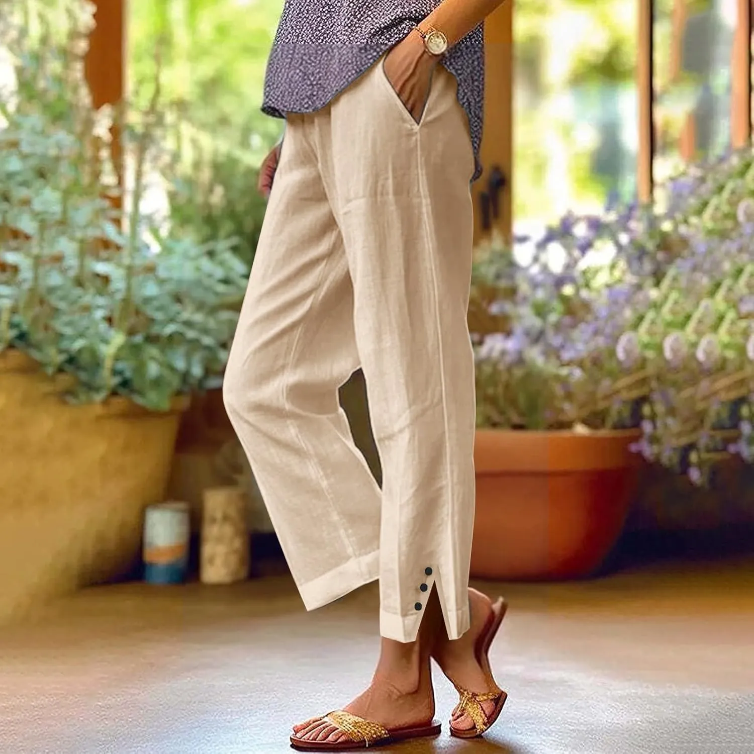 Women Linen Pants Solid Elastic Pants Long Drawstring Linen Women Waist Cotton Casual Slit Trouser Legs Slacks for