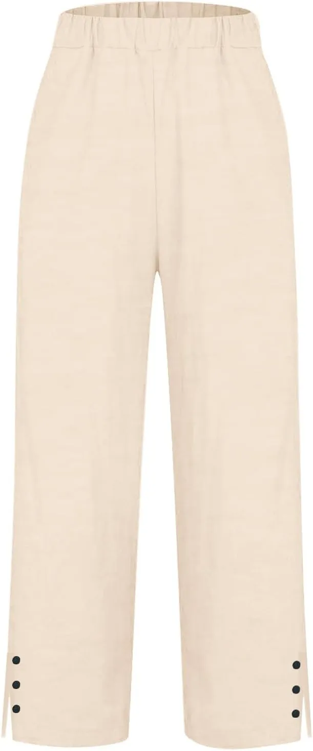 Women Linen Pants Solid Elastic Pants Long Drawstring Linen Women Waist Cotton Casual Slit Trouser Legs Slacks for
