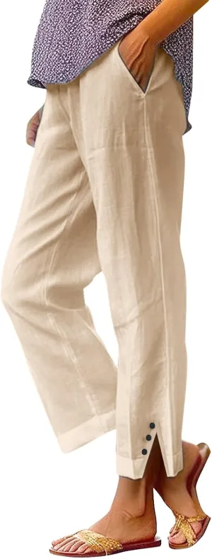 Women Linen Pants Solid Elastic Pants Long Drawstring Linen Women Waist Cotton Casual Slit Trouser Legs Slacks for