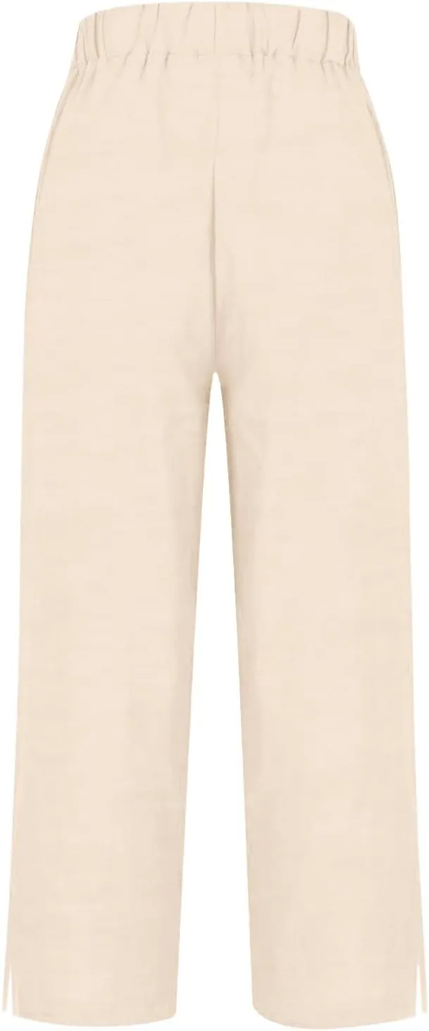 Women Linen Pants Solid Elastic Pants Long Drawstring Linen Women Waist Cotton Casual Slit Trouser Legs Slacks for
