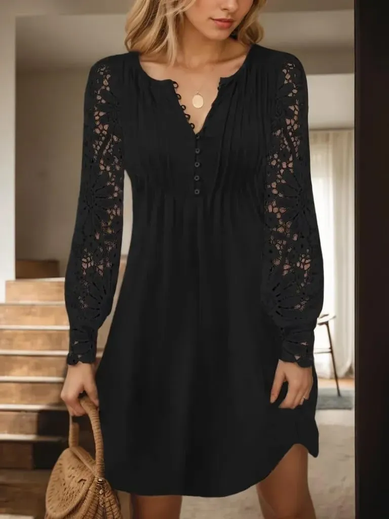 Women Long Sleeve Dress Fall Lace Button Up V Neck Midi Dress Casual Boho Hollow Pleated Flowy Tunic Dresses