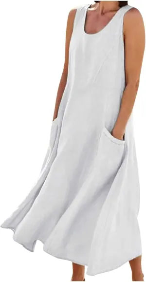 Women Midi Dresses Fashion Beach Sundress Solid Cotton Linen Sleeveless Long Dress Summer Daily Casual Maxi Dress