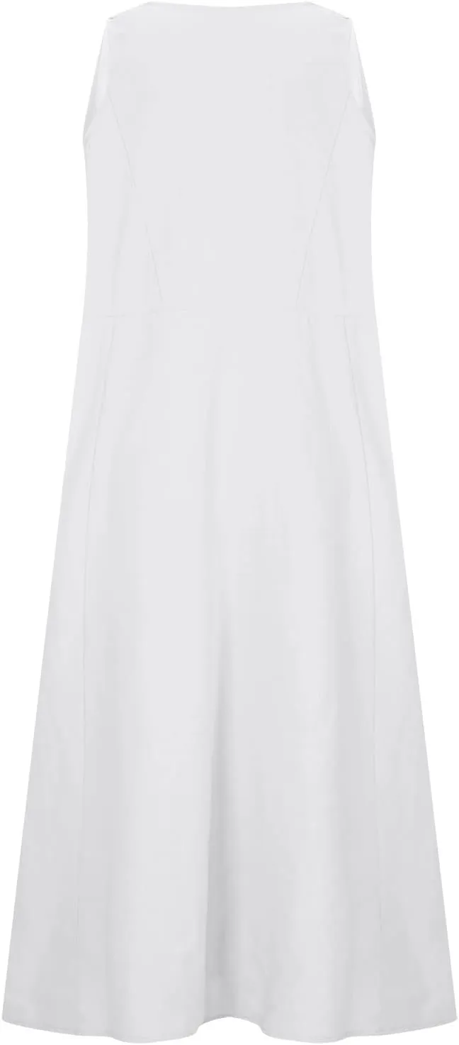 Women Midi Dresses Fashion Beach Sundress Solid Cotton Linen Sleeveless Long Dress Summer Daily Casual Maxi Dress
