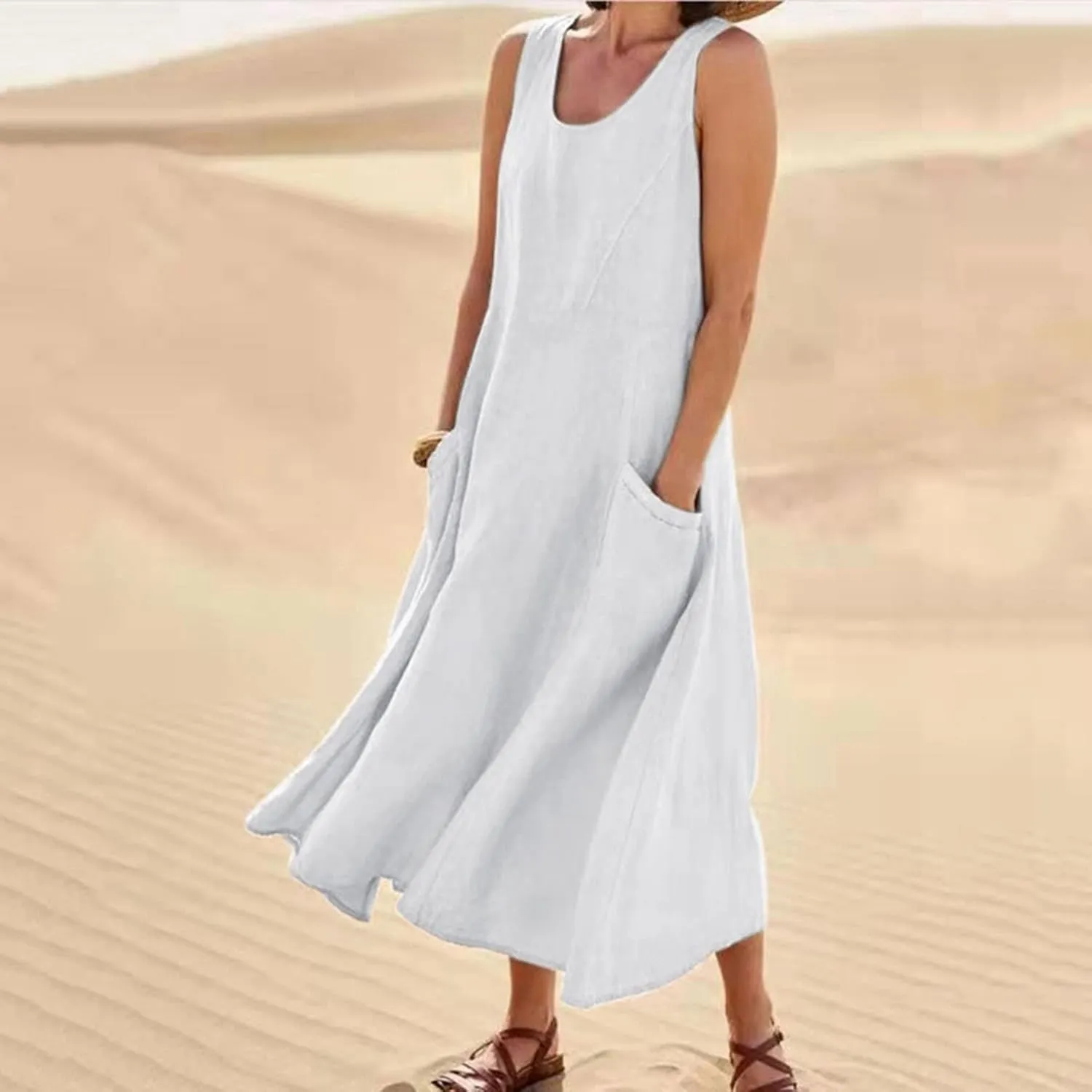 Women Midi Dresses Fashion Beach Sundress Solid Cotton Linen Sleeveless Long Dress Summer Daily Casual Maxi Dress