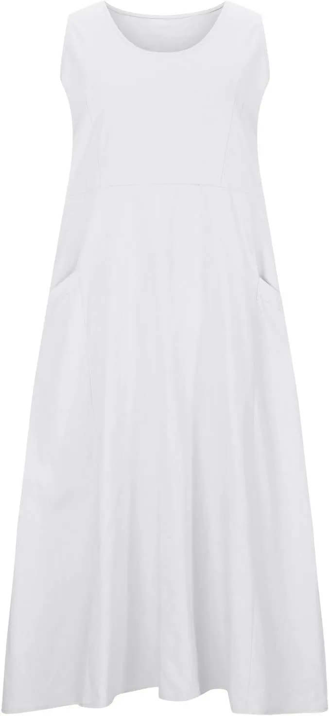 Women Midi Dresses Fashion Beach Sundress Solid Cotton Linen Sleeveless Long Dress Summer Daily Casual Maxi Dress