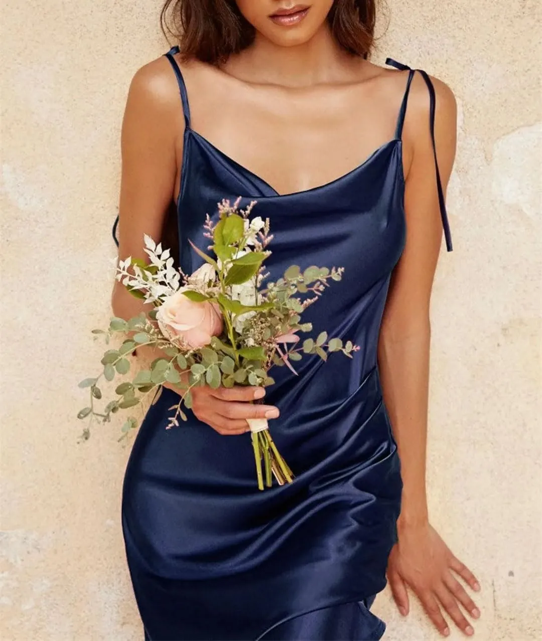 Women Midi Satin Elegant Slim Evening Dresses Sexy High Slit Spaghetti Straps Prom Formal