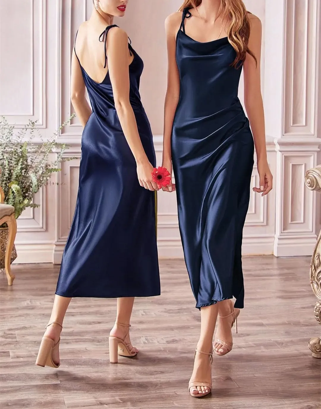 Women Midi Satin Elegant Slim Evening Dresses Sexy High Slit Spaghetti Straps Prom Formal