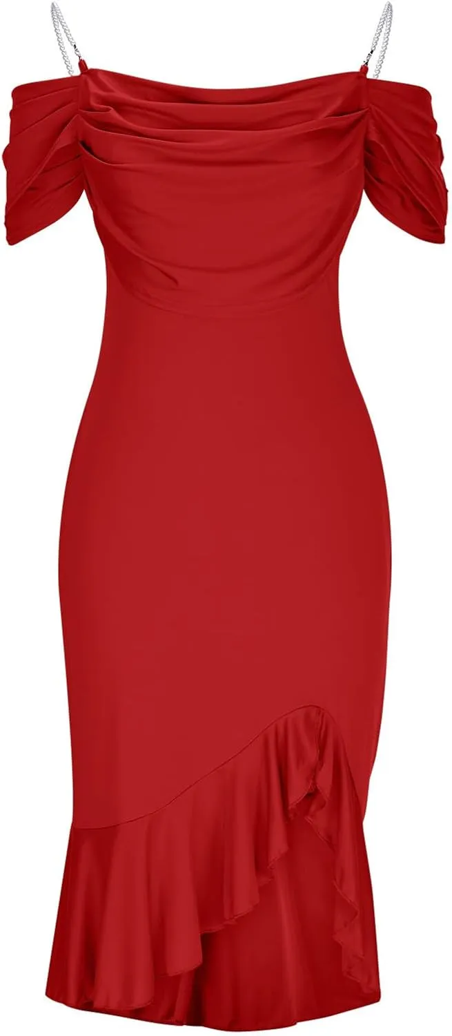 Women Off Shoulder Pearl Strap Mermaid Midi Dress, Solid Color Ruched Slim Elegant Prom Clothes Cocktail Casual Dresses