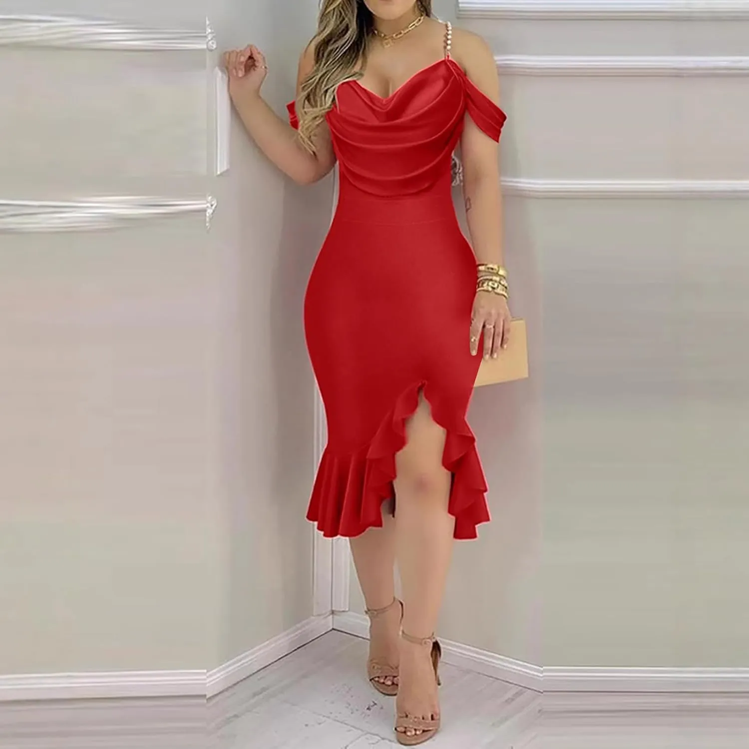 Women Off Shoulder Pearl Strap Mermaid Midi Dress, Solid Color Ruched Slim Elegant Prom Clothes Cocktail Casual Dresses