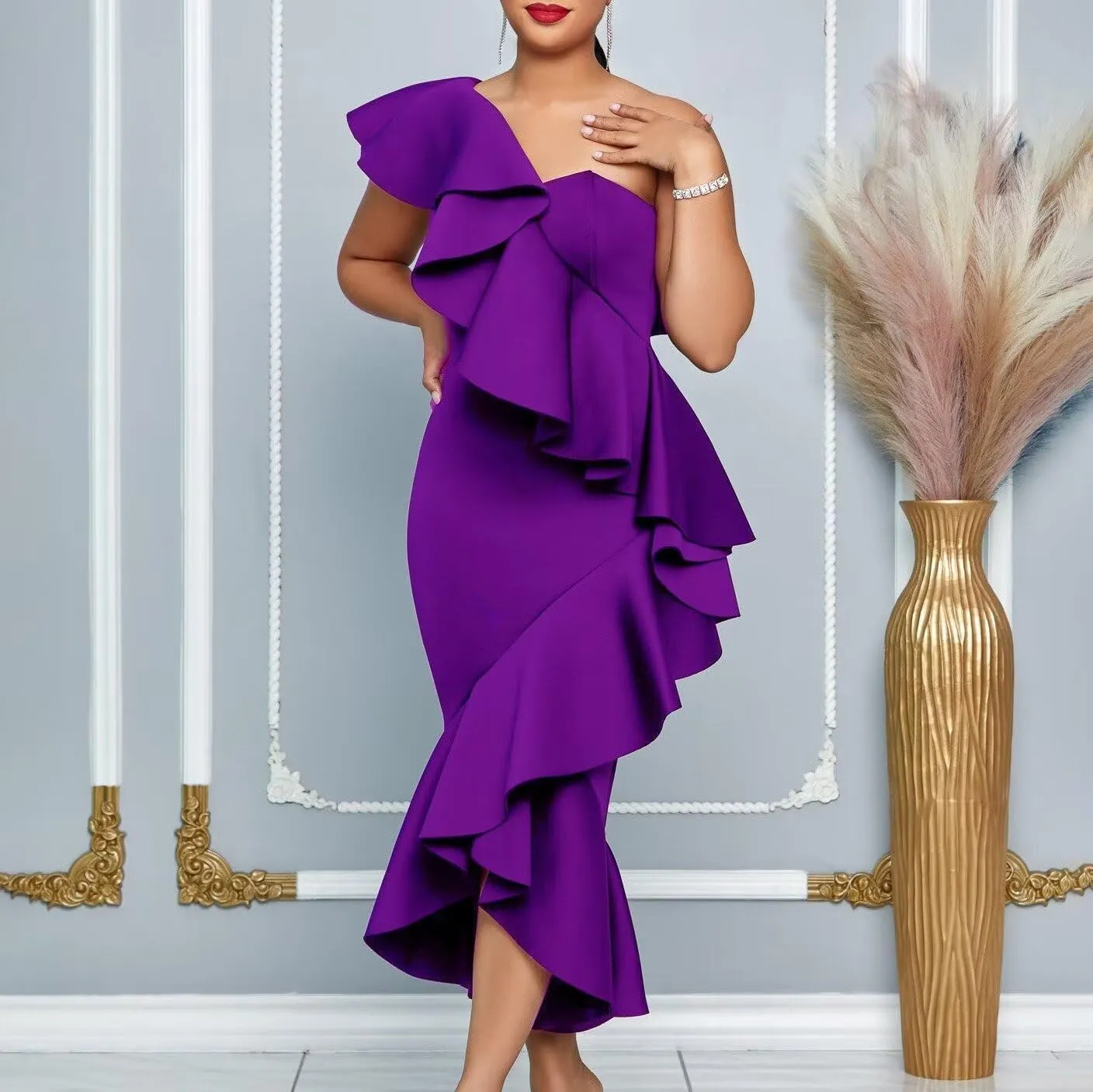 Women Plus Size One Shoulder Ruffle Formal Dress Evening Party Elegant Midi Bodycon Wedding Party Dress