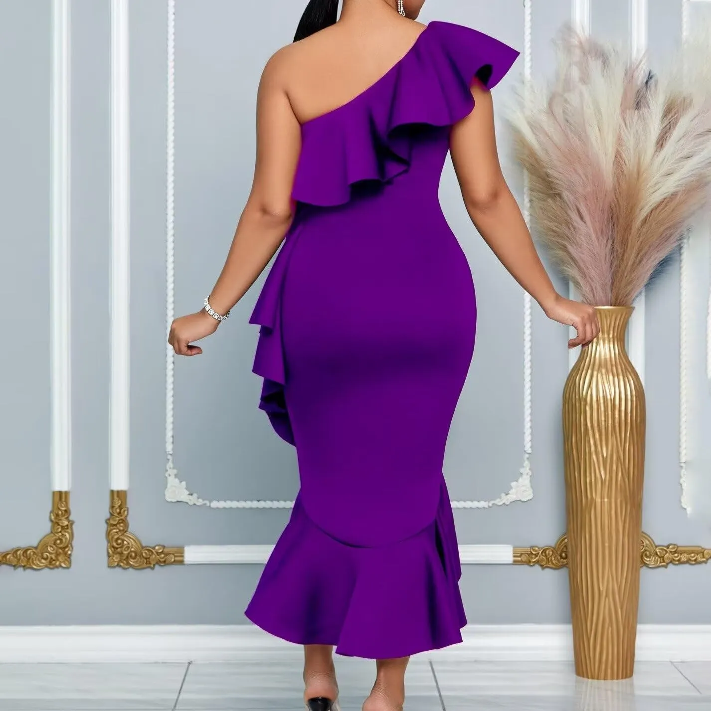 Women Plus Size One Shoulder Ruffle Formal Dress Evening Party Elegant Midi Bodycon Wedding Party Dress