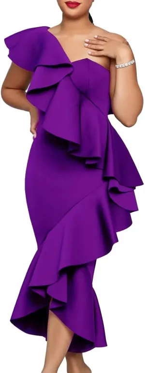 Women Plus Size One Shoulder Ruffle Formal Dress Evening Party Elegant Midi Bodycon Wedding Party Dress