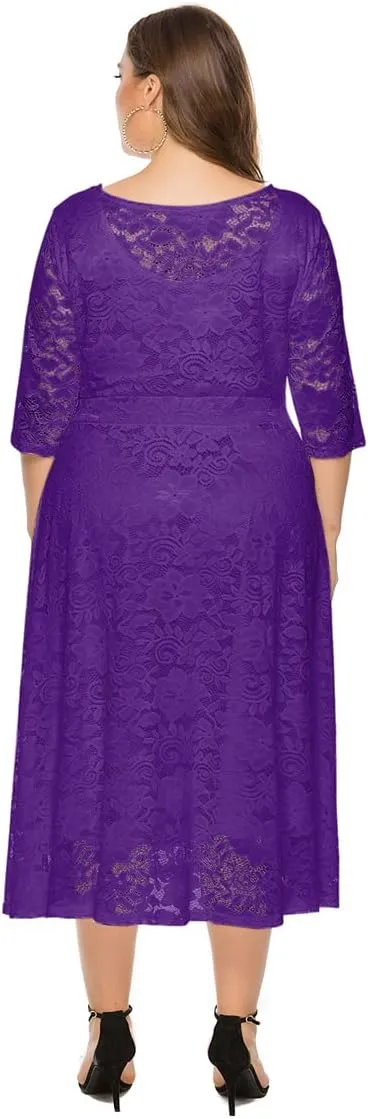 Women Plus Size Summer Dresses Lace Round Neck Midi Party Wedding Dresses