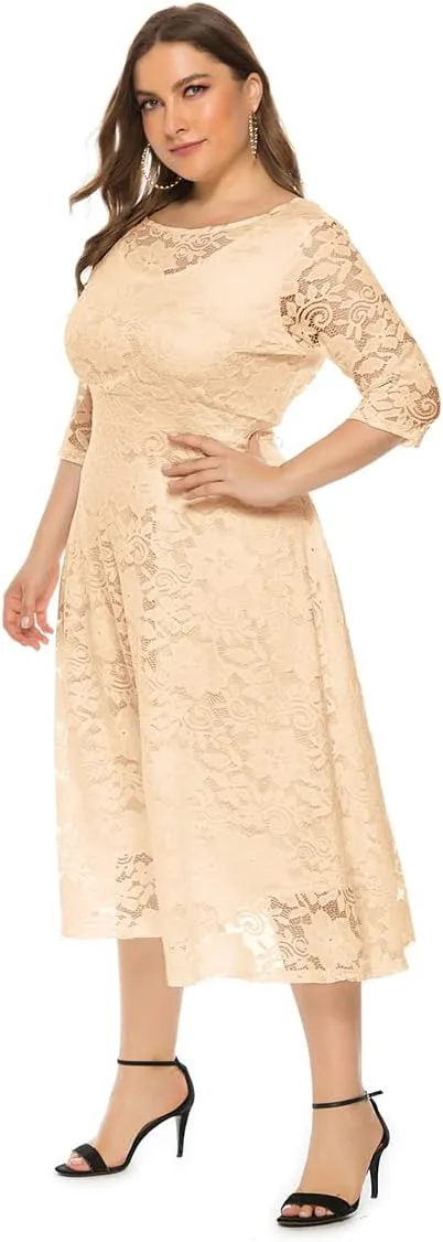 Women Plus Size Summer Dresses Lace Round Neck Midi Party Wedding Dresses