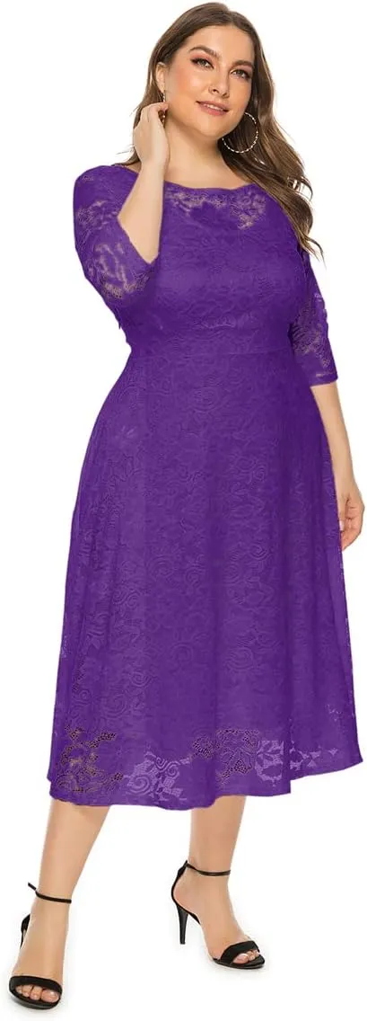 Women Plus Size Summer Dresses Lace Round Neck Midi Party Wedding Dresses