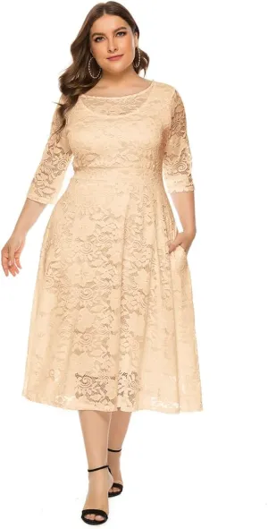 Women Plus Size Summer Dresses Lace Round Neck Midi Party Wedding Dresses
