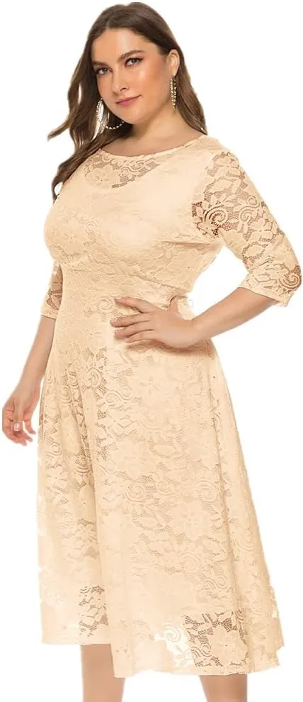 Women Plus Size Summer Dresses Lace Round Neck Midi Party Wedding Dresses