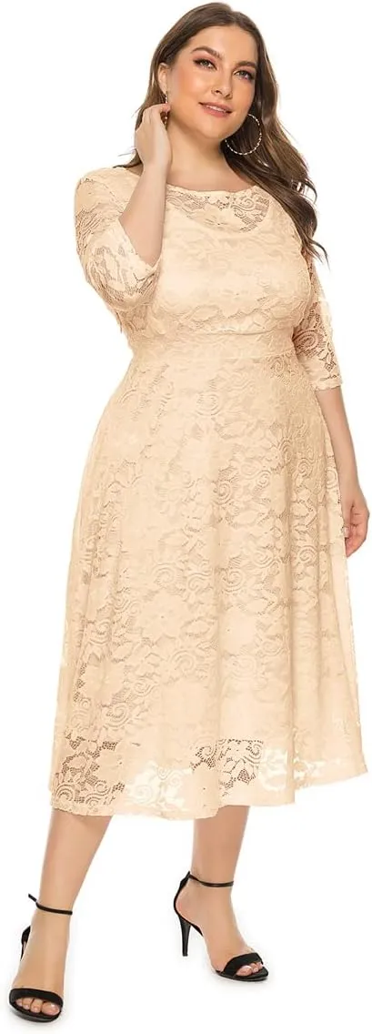 Women Plus Size Summer Dresses Lace Round Neck Midi Party Wedding Dresses