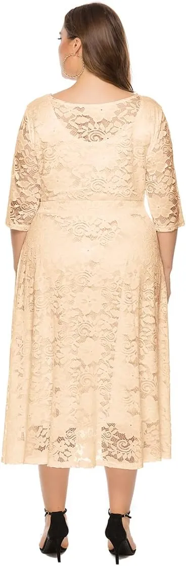 Women Plus Size Summer Dresses Lace Round Neck Midi Party Wedding Dresses
