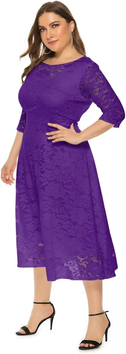 Women Plus Size Summer Dresses Lace Round Neck Midi Party Wedding Dresses