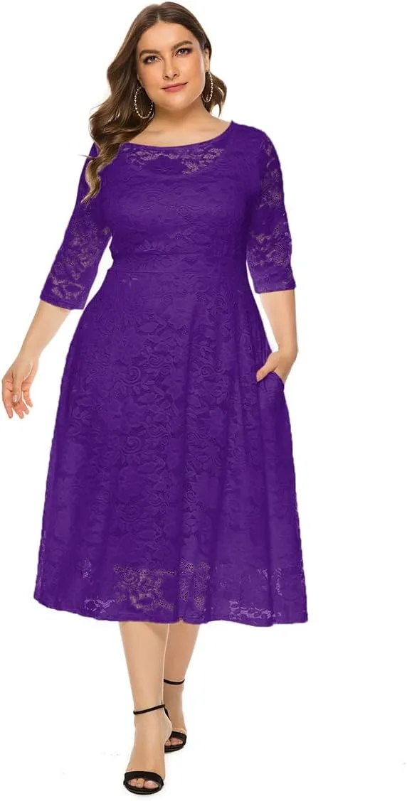 Women Plus Size Summer Dresses Lace Round Neck Midi Party Wedding Dresses