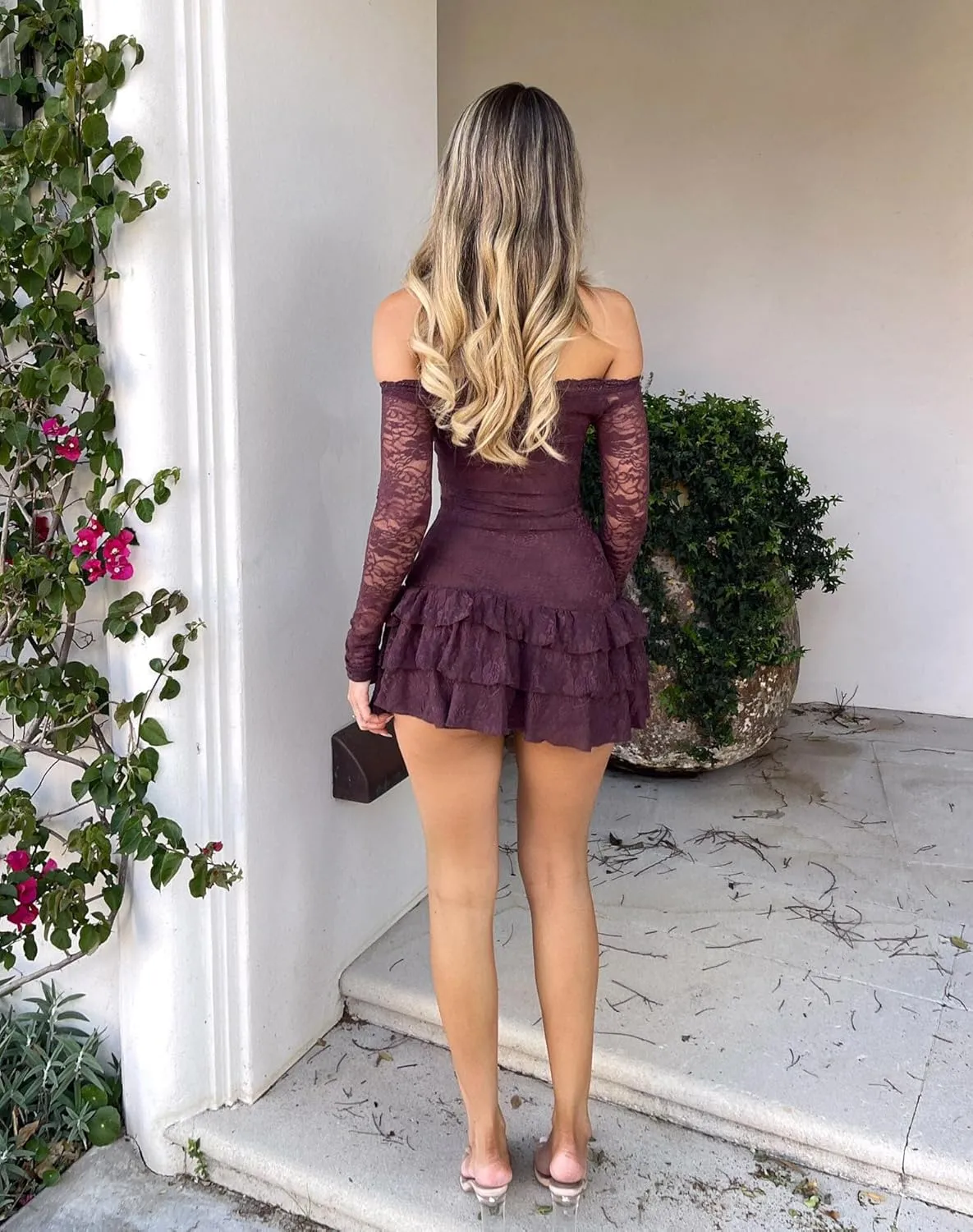 Women Sexy See Through Floral Lace Bodycon Mini Dress Y2k Long Sleeve Off Shoulder Ruffles Hem Short Dresses