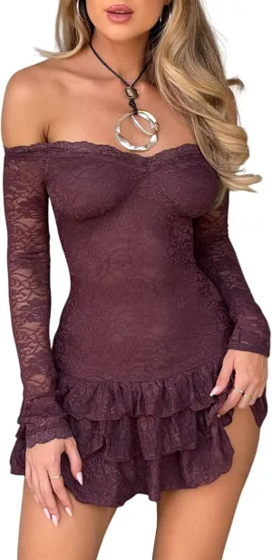 Women Sexy See Through Floral Lace Bodycon Mini Dress Y2k Long Sleeve Off Shoulder Ruffles Hem Short Dresses