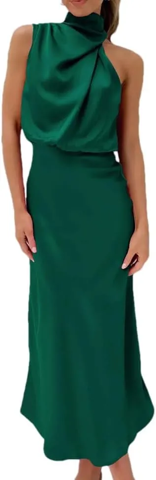 Women Sleeveless Casual Satin Silk Dresses Summer Evening Party Elegant A-Line Dresses